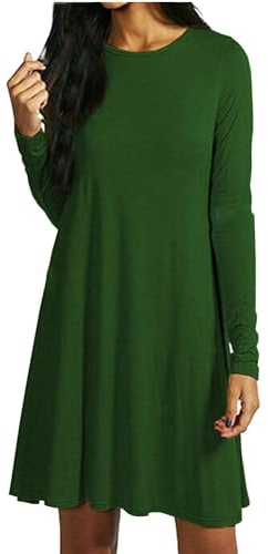AJFASHION Women Long Sleeve Swing Dress Ladies Casual Flared A Line Skater Dress Top Size Bottle Green 16/18