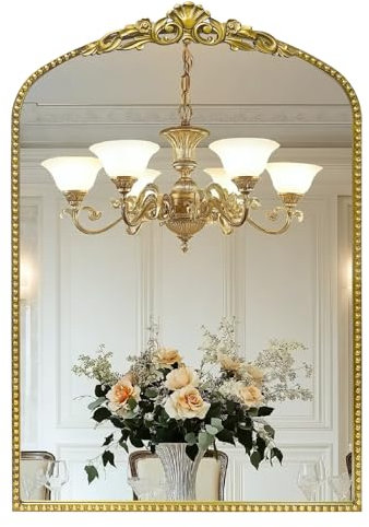 G-LEAF Vintage Barockspiegel 61 x 91 cm, gewölbter Kaminsims, viktorianischer antiker Bauernhausspiegel mit schwarzer Bürste, goldfarbener verzierter Metallrahmen für Kamin, Eingang, Wohnzimmer, Flur