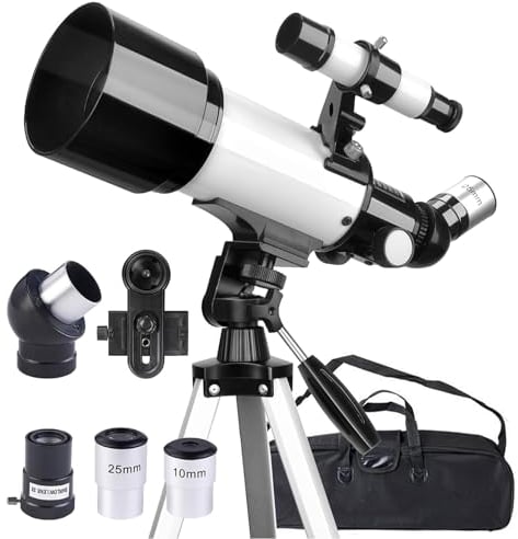 Misilmp Telescopio 70mm Apertura 400mm Telescopios para Adultos Principiantes Astronomía con Lentes, Visor, Trípode, Bolso, Soporte Móvil, Portátil Refractor Telescopio para Niños & Adultos (Blanco)