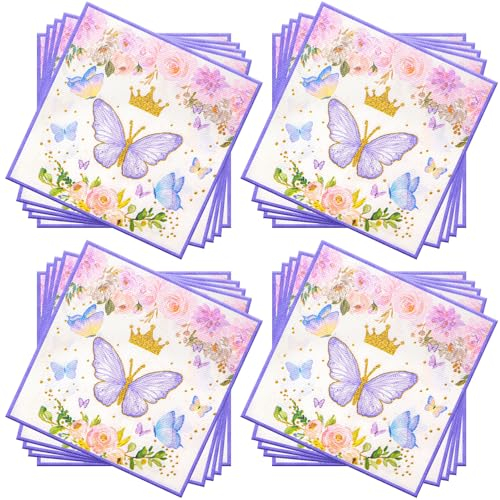 60 Pcs Serviettes à Papillon,Violet Serviettes Cocktail Papier Vaisselle Jetable Butterfly Été Printemps Serviette de Table pour Mariage Anniversaire Apéritif Noël Baptême Dessert Décoration,33*33cm