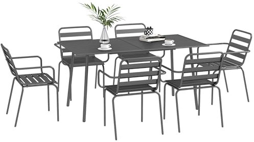 Outsunny Salon de Jardin extérieur Ensemble Salle à Manger de Jardin 7 pièces avec 1 Table et 6 chaises empilables en Acier Gris