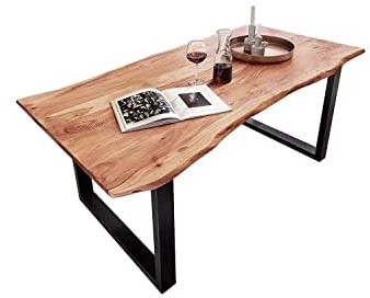 SAM B-Ware Esstisch 160x85 cm Mundra, Baumkantentisch aus Akazienholz, massiv + naturfarben, U-Metallgestell Schwarz, Esszimmertisch mit echter Baumkante