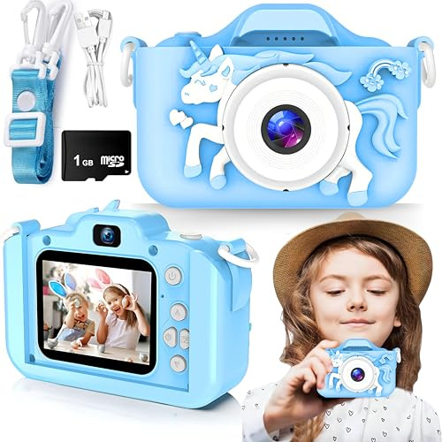 SGM Kids Unicorn Camera, Camera Toys for 3-12 Years Old Boys Girls Children, Portable Child Digital Video Camera with Silicone Cover & 1GB Storage Card, Best Birthday Gifts for Toddler 3 to 12 (Blue)