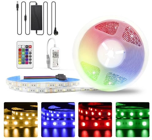 Striscia LED RGB da 5 m, 24 V, impermeabile, IP65, striscia LED RGB + bianco caldo, 3000 K, dimmerabile, con controller e alimentatore, 60 LED/m, cambia colore per interni ed esterni, compatibile con
