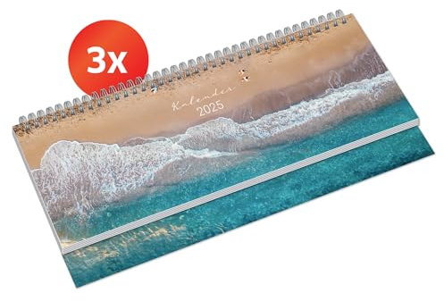 PRIMUS PRINT Tischkalender 2025 Quer Wochenkalender – Terminkalender und Jahreskalender – 297x130mm, 75g Naturpapier, 64 Seiten, Drahtkammbindung, Feiertage und Schulferien - [3er Set - Strand]
