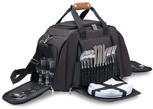 VonShef Picnic Holdall, Extra Large Grey Bag with 6 Person Dining & Cutlery Set, Picnic Travel Bag with Insulated Cooler Compartment, Beach & Camping Accessories