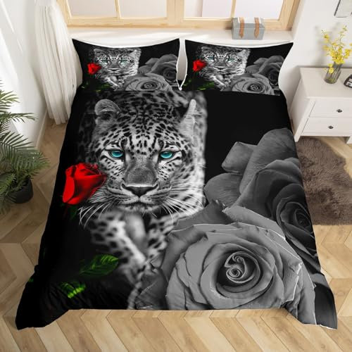 Homewish Housse de Couette 240 x 260 Safari Léopard avec 2 Taies d'oreiller, Parure de Lit Guépard Sauvage, Sets de Housses de Couettes Fleur de Rose Rouge, Couvre Lit Animaux de La Jungle