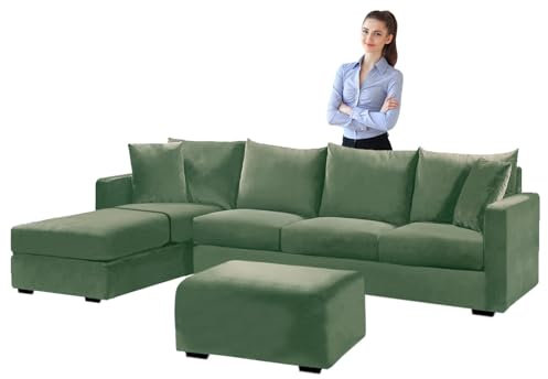 SYLC Samt Couch überzug L Form Sofabezug Ecksofa, Sofa Cover L Shape Stretch Mit Sitzkissen Rückenlehne, Universal Sofaüberwurf Waschbar (Green,Sofabezug 185-230cm)