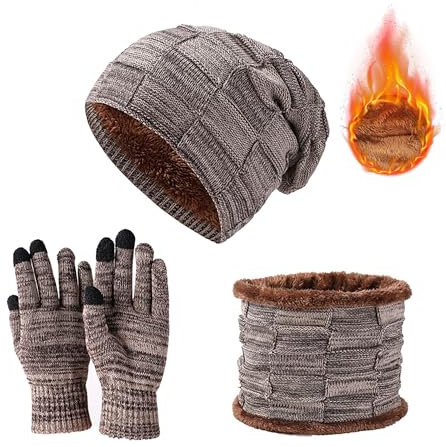 JXCTNNU Mütze Schal Handschuh Sets Wintermütze Unisex Beanie Strickmütze Winterschal Thermo Touchscreen Handschuhe Ski 3-in-1 Wintermütze Verdickung Set für Herren Damen (Khaki)