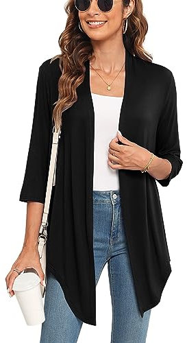 Veryoung Women's Tie Front Black Cardigan Plus Size 3/4 Length Sleeve Thin Knitted Waterfall Cardigans Trendy Cute Light Sweaters for Women Fall,XL