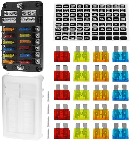 QWORK® 12 Fach Sicherungshalter, DC 12V Sicherungskasten, Sicherungshalter mit Minuspol, LED-Anzeige & Schutzabdeckung, für Auto, Boot, LKW