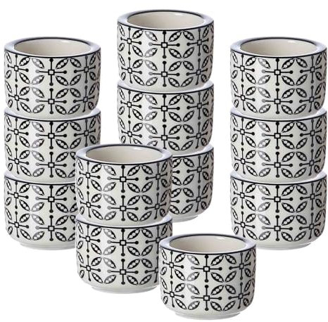 Ritzenhoff & Breker Takeo Leaves Teelichthalter 12er Set, 6 cm, Runde Kerzenhalter mit vollflächigem Dekor, Skandinavisches Design, Mix-&-Match-Dekoration, Porzellan, Weiß und Schwarz