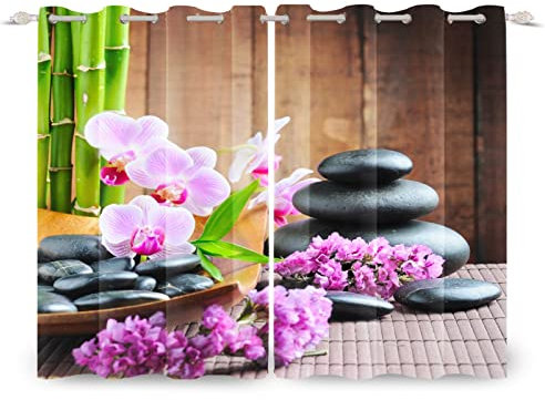 Fenstervorhang-Set, Bambus-Orchidee, Blume, 2 Paneele, 168 x 229 cm, wärmeisoliert, Verdunkelungsvorhänge für Jungen und Mädchen, Schlafzimmer, Meditationsthema mit Kieselstein-Design,
