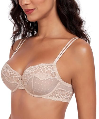 Lemorosy Women's Balconette Bra with Underwire Large Sizes Lace Half Cup Unpadded Transparent Balcony Bra Mesh Transparent, beige, 40DD