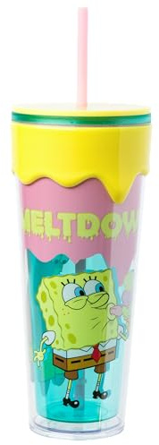 Silver Buffalo Spongebob Squarepants Meltdown Plastic Drip Cup with Lid and Straw with Spongebob Squarepants and Patrick Star, 26 oz
