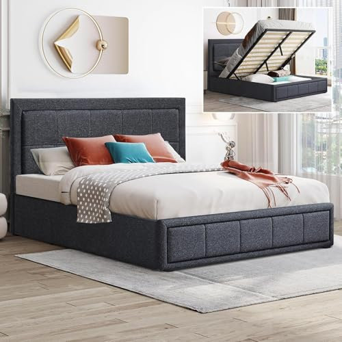 Ottoman Small Double Bed Frame with Mattress, Dark Grey Linen Fabric Upholstered Gas Lift Bed Frame with Storage, Ottoman Storage Bed with Wooden Slats, (4ft Small Double with Mattress Included)