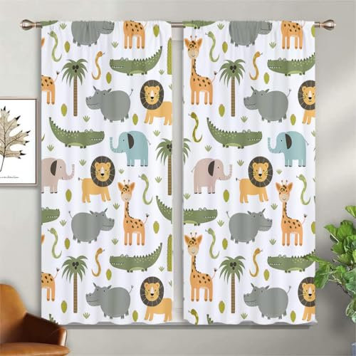 ZZTBQ Cartoon Safari Scheibengardine Dschungel Tier2er Set H 114 x B 132 cm Vorhang Verdunkelung Wildtiere Löwe Elefant Giraffe Krokodil Nilpferd Kurze Blickdichte Vorhänge mit Ösen Fenstergardinen