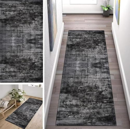 Schwarz Grau Teppich Läufer Lang Flur Küche Rutschfest Waschbar Geometrisch Teppichmattent 100X180cm Vintage Küchenläufer Küchenteppich Meterware Esszimmer Schlafzimmer Wohnzimmer Schmutzfangmatte