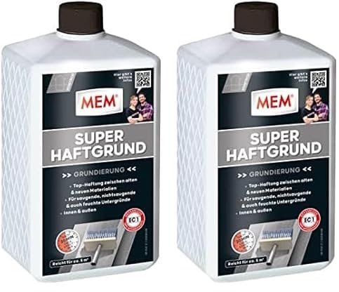 MEM Super Haftgrund, Intensive Untergrundhaftung, Für saugende und nichtsaugende Untergründe, Lösemittelfrei, 1 l, Weiß (Packung mit 2)