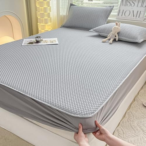 ZF YLYH Sommer Bettlaken Kühlende Spannbetttücher Set: Cool Ice Silk Bettwäsche mit Kissenbezüge Kühle Atmungsaktive Gesteppte Spannbettlaken für Heißschläfer (Grau-B, 200 * 220cm+2*Kissenbezug)