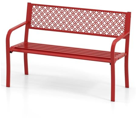 KOMFOTTEU Panca da Esterno in Ferro, Panchina da Giardino 2-3 Posti, con Schienale Ergonomico, Braccioli e Seduta Curvata, Design Classico, Panca da Terrazza, Parco, Cortile, Patio (Rosso)