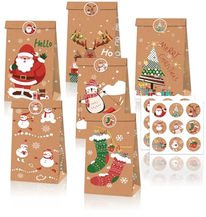 Notwoe® 12 Stück Geschenktüten Weihnachten,Personalisierte weihnachtstüten,Geschenktüten mit Weihnachtspinguin,Papiertüten Weihnachten für Geburtstagssüßigkeiten,Partys,Märkte. (Brown-A12)