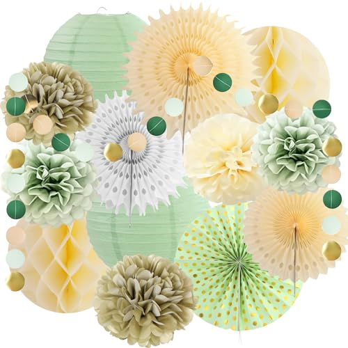 15 Stück Sage Green Party Dekorationen mit Papierlaternen,Papier Kugeln,Papierventilatoren,Goldenen Punkt und Blumenkranz,Grüner Papier Fächer Dekoration,Salbeigrün Party Set