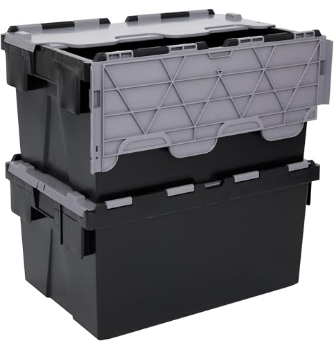 Plastor Pack of 2 - Plastic 55 Litre Heavy Duty Storage Box Tote Crates (60 x 40 x 30.6cm) Eco Black with Grey Attached Hinged Lids
