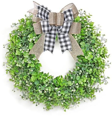 Spring Summer Artificial Wreaths for Front Door Green Wreath with Plaid Bow | 20 Inch Door Wreath, Green Leaves Welcome Wreath, Fake Greenery Garland for Farmhouse Window Wall Wedding Decor