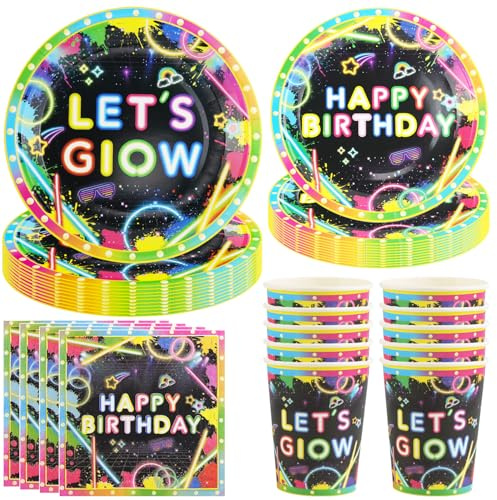 Hmfmdy Happy Brithday Neonfarbenes Partygeschirr Set, 50 Stück Bunte Glow Party Deko, Neon Glow Geburtstag Geschirr Kit, Pappteller Becher Servietten, Schwarzlicht Party Geschirr Supplies 10 Gäste
