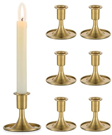 Romadedi Kerzenhalter für Stabkerzen aus Metall 6er-Pack Glänzendes Gold | Glänzende galvanische Oberfläche mit warmem Kupferton; 8 cm hoch, Sockel-Ø 7,5 cm, für Kerzenfüße mit ca. Ø 2,2 cm
