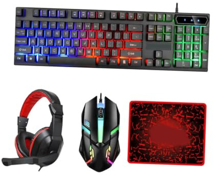 GRIRIW Ensemble Clavier Gaming 4-en-1 Filaire Rétroéclairé Souris Gaming Casque Audio et Tapis de Souris Compatible PC et Ordinateur Portable Utilisation Bureautique et Jeux
