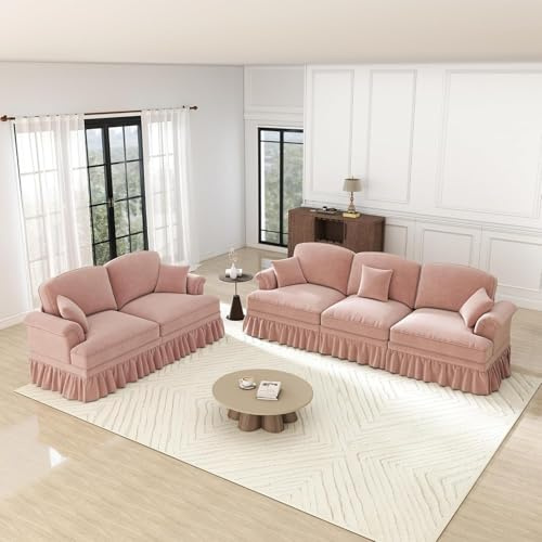 SHAIRMB Wohnlandschaft U Form, Modulares 4 Sitzer Sofa, mit 2 Ottomane, Trichter-Armlehnen, Abnehmbarer Rüschenschürze & Beweglichem Hocker, Chennille-Stoff, fürs Wohnzimmer,Rosa,3 Seats+2 Seats