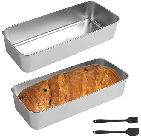2er Set Edelstahl Brotbackformen Kastenform Rechteckig – Spülmaschinenfest | Inkl. 2 Silikon Backhelfer (Spatel, Pinsel) – Robuste Brotform für Brot, Kuchen & Tiramisu – 33 x 15 x 6 cm