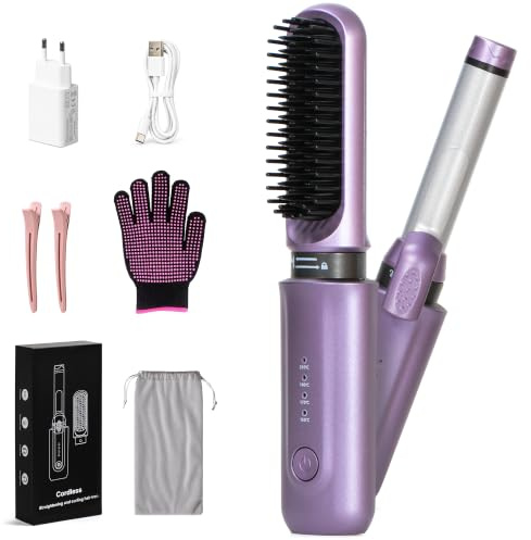 Fer à friser sans fil et fer à lisser 2 en 1, mini brosse portable de voyage pour femme, violet