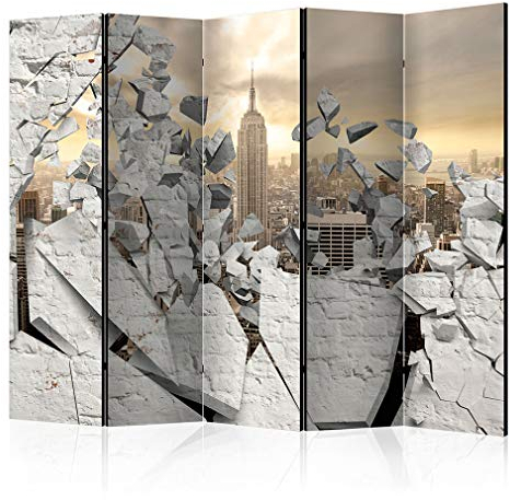 decomonkey Paravent Raumteiler Innen New York 225x172 cm 5 Teilig Beidseitig Room Divider Wall Raumteiler Stehend Trennwand Sichtschutz Spanische Wand Sichtschutzwand Wohnzimmer Holz Stadt Mauer
