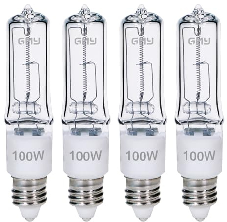 GMY JDE11 120V 100W T4 JDE11 Bulb, Mini Candelabra Base E11 Bulb, 1600lm 2800K Clear Dimmable 100 watt Halogen Light Bulbs for Ceiling fan light bulbs Replace E11 Led Bulb - 4Pack
