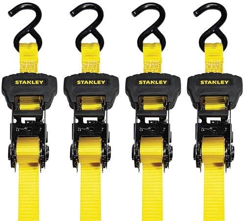 Stanley S1006 Spanngurte mit Ratsche, mittlere Ladungssicherung (1.360,8 kg Bruchfestigkeit), 2,5 cm x 4,3 m, Schwarz/Gelb, 4 Stück
