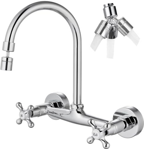 Airuida Chrome Polish Wall Mount Kitchen Sink Faucet 8 Inch Center Double Cross Handles 360 Degree Swivel Spout Kitchen Mixer Tap Commercial