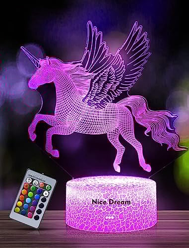 Nice Dream Einhorn Nachtlicht für Kinder, Einhorn Geschenke für Mädchen, Fernbedienung 16 Farbwechsel Dimmbar, Kinderzimmer LED Licht 3D Illusion Lampe für Mädchen Junge Schlafzimmer Dekor