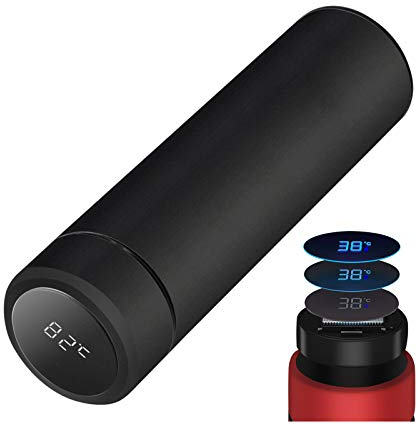 Bouteille Isotherme en Acier Inoxydable 500ML, Tasse pour Eau Chaude avec Indicateur de Température à Ecran LED, Bouteille Intelligente pour Tasse Etanche(Noir, Rouge) (Noir)