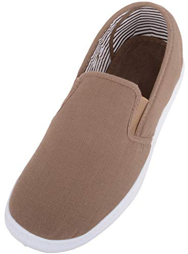 ABSOLUTE FOOTWEAR Mens Casual Slip On Canvas Pumps Trainers with Stripe Design and Twin Gusset - Taupe - UK 8 / EU 42