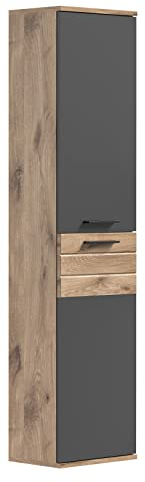 xonox.home Badezimmer Mason Hochschrank hängend Badschrank zum Hängen schmaler Schrank in Front Basalt grau Nb. Korpus Nox Oak Nb., ca.37x152x24 cm