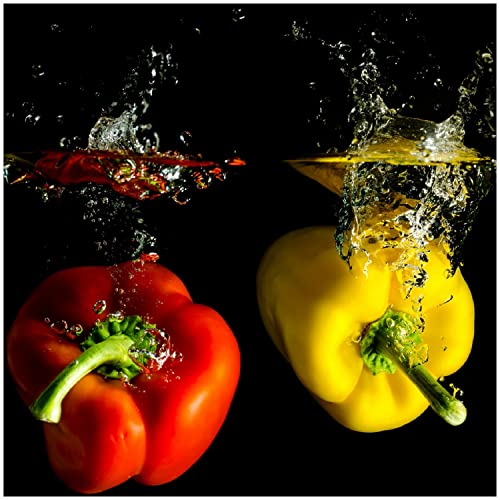 Wallario Glasbild Bunte Küche Paprika in rot gelb orange und grün im Wasser - 30 x 30 cm Wandbilder Glas in Premium-Qualität: Brillante Farben, freischwebende Optik