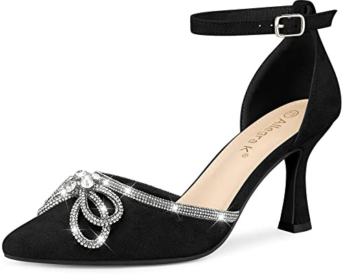 Allegra K Women Rhinestones Bow Ankle Strap Stiletto Heel Sandals | Sparkly design. Glamorous bling. Wedding. 3 1/3 inches heel. Pointed toe. Ankle strap. Stiletto heel