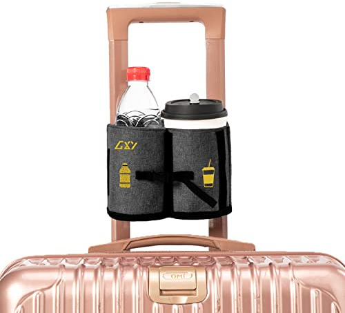 Luggage Travel Cup Holder, Portable Drink Caddy Bag Hold Two Coffee Mugs Free Your Hand for Drink Fits Roll on All Suitcase Handles Traveler Accessory Grey Purple for Men Women