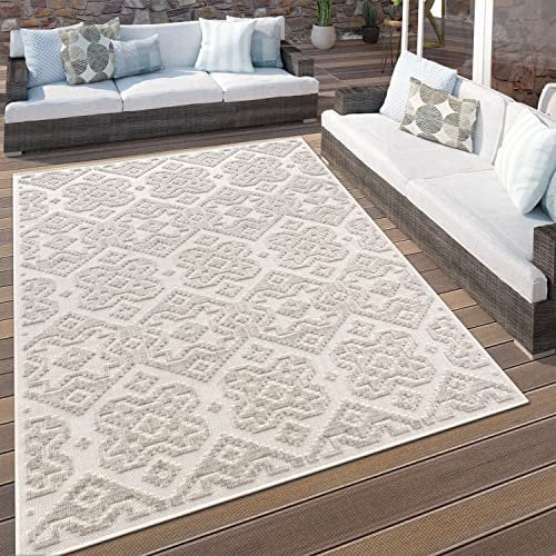 Paco Home Outdoor Teppich Wetterfest Wohnzimmer Boho Balkon Küche Skandinavisch 3D Effekt Geometrisches Muster Creme, Grösse:200 cm Rund