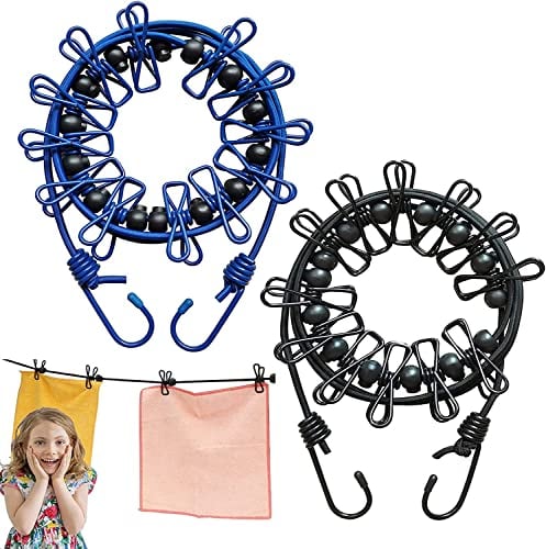 2 Stück tragbare Wäscheleine, elastische Reise-Wäscheleine, verstellbar, einziehbar, winddicht, Wäscheleine mit 12 Draht-Clips für Camping, Reisen, Wäsche, Trocknen im Freien (schwarz + blau)