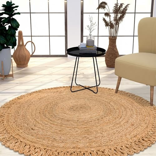 TT Home Jute Teppich Rund Wohnzimmer Esszimmer Boho Modern Handgemacht Mit Umrandung, Farbe: Natur 4, Größe:160 cm Rund
