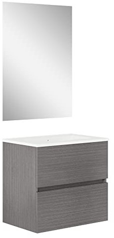 Baikal, Conjunto de baño Natura. Mueble de Baño de Fondo Reducido, con Lavabo cerámico. Distribución Dos Cajones. Mueble MONTADO. Dos Cajones con Espejo. Fondo 39cm 50 cm Ceniza